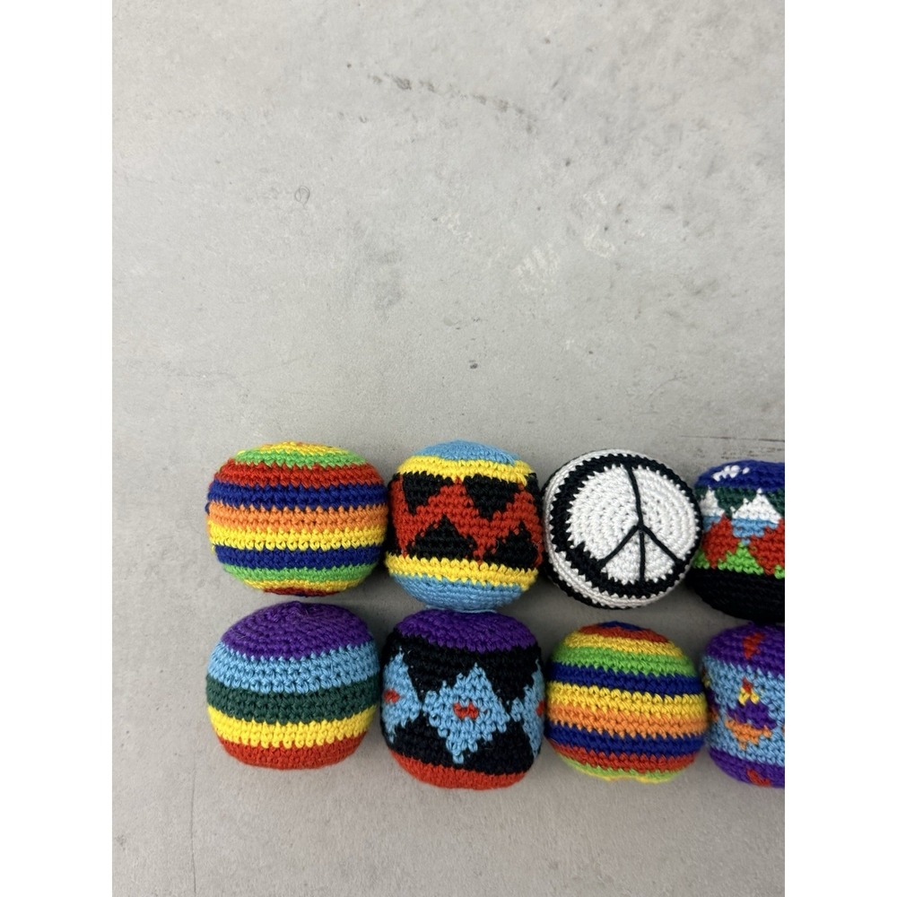 Vintage Lot 11 Crochet Hacky Sacks Footbags Peace Sign Yin Yang Boho Woven - Picture 2 of 4